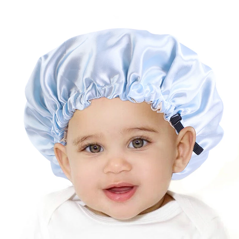 New Plain Color Double Layer Adjustable Satin Hair Bonnet Sleep Cap Bonnets  With Invisible Button for Kids K-16D