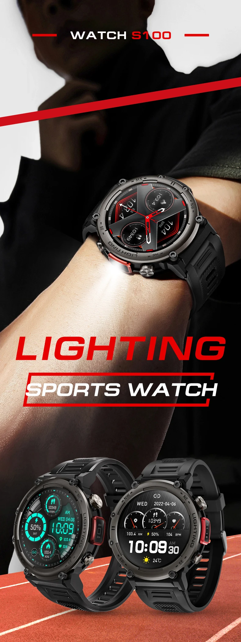 Fashion Sport Smart Watch V10 With Flashlight Smart Wristbands 250mah