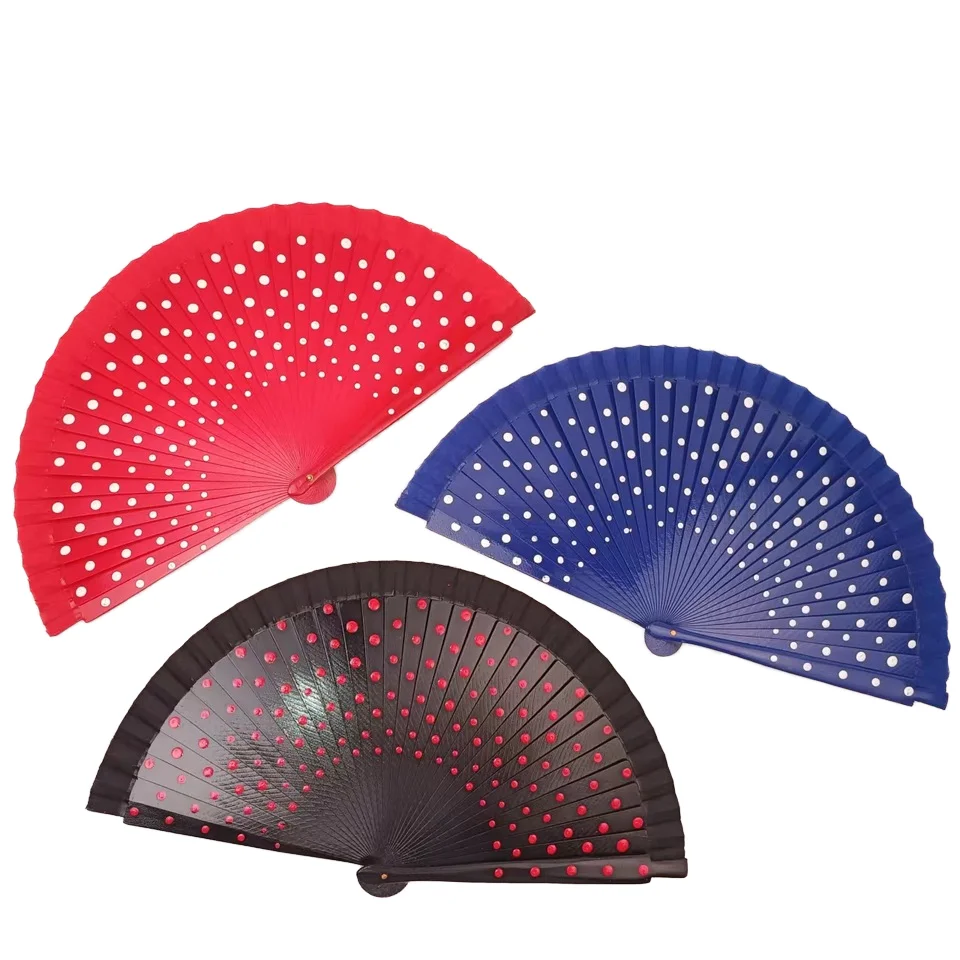 Wholesale  Spanish Wooden Fan Bone Color Polka Dot Smooth Dance Fan Exquisite Wedding Hand Fan
