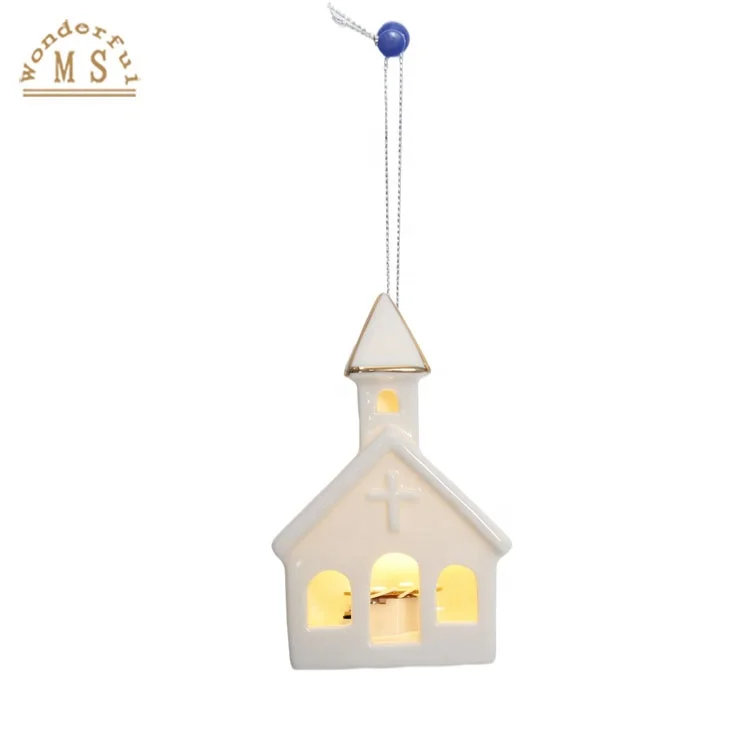 White Mini Hanging LED Light House and house candle holder for tealight  Christmas Ornament with high quality porcelain material