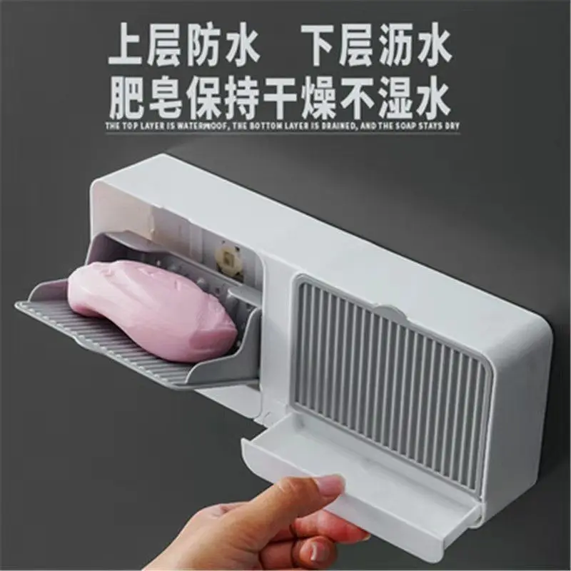 Adhesive Bathroom Shelf Wall Mounted Storage Rack Without Drill Soap Holder with Cover Dustproof and Waterproof Soap Box