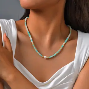 Summer Retro Style Stainless Steel Natural Stone Blue Beaded Necklace Spacer Tube Choker Beads Necklaces Women