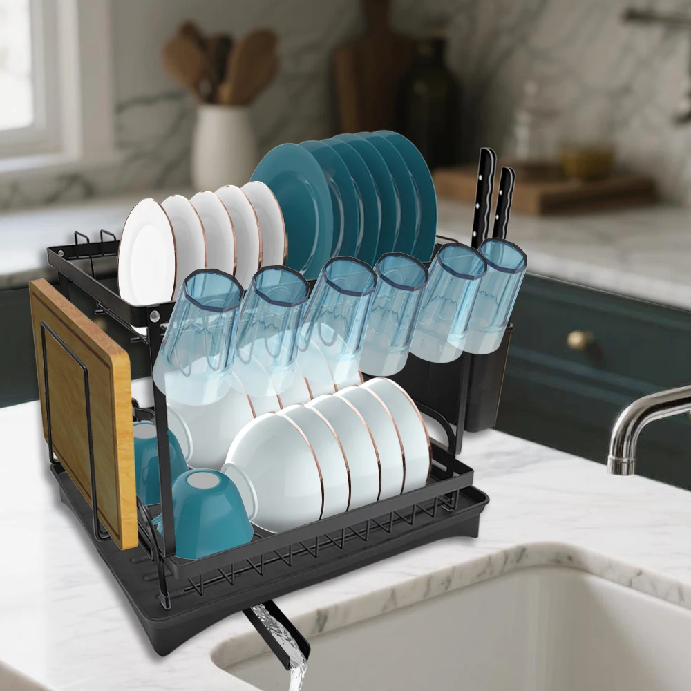 2-Tier Kitchen Metal Dish Rack Cup Bowl Organizer Dish Drainer Rack Soup Spoon Holder Stand Dishes Drying Racks