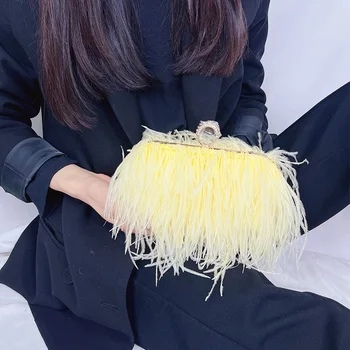 Luxury Moon Designer Ostrich Fur Feather Wallet Clutch Bag Women Clutch Diamond Knuckle Rings Dinner Evening Bag Chain Purse