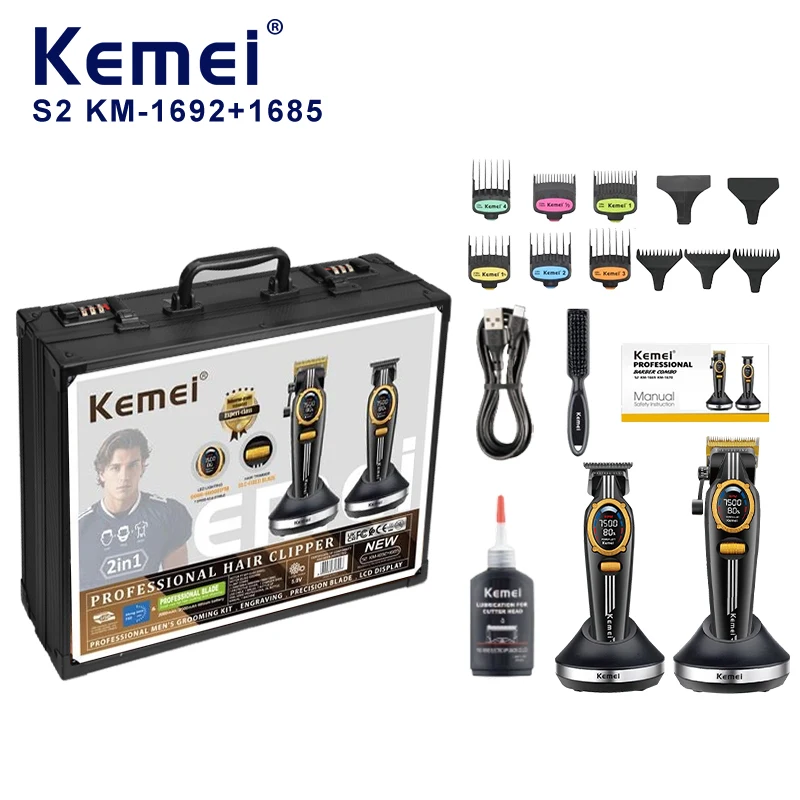 Kemei Km-S2 Tondeuse professionnelle pour salon, batterie haute puissance de 2500 mAh, 9000 tr/min, ensemble 2-en-1 avec station de recharge électrique, coffret cadeau