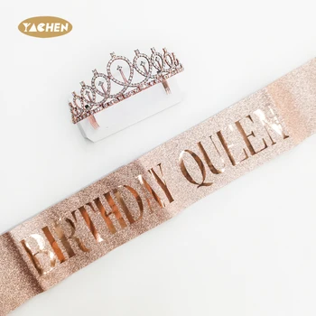YACHEN Luxury Alloy Crown Birthday Queen Sash Set Rose Gold Rhinestone Birthday Tiara for Women Birthday Accessories Party Favor