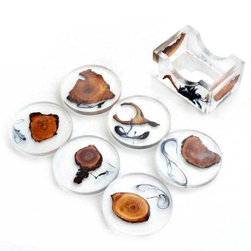 Top Quality Customize Square Round Epoxy Wood Resin Coaster With Holder Set
