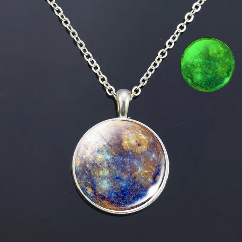 Solar System Jewelry Jupiter Uranus Neptune Mars Moon Venus Mercury Earth Saturn Luminous Glass Cabochon Pendant Necklace