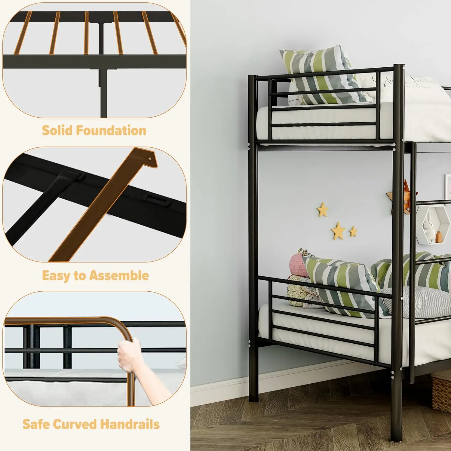 Frame Bed with Staircase 2 Floor Metal Steel Hostel Bunk Two Tiered Iron Loft Bedroom Metal Student Adult Black Storage OEM 200