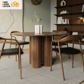 Modern Hotel Dining Room Furniture Nordic Style Walnut Wood Frame Round Dining Table And Chair Set