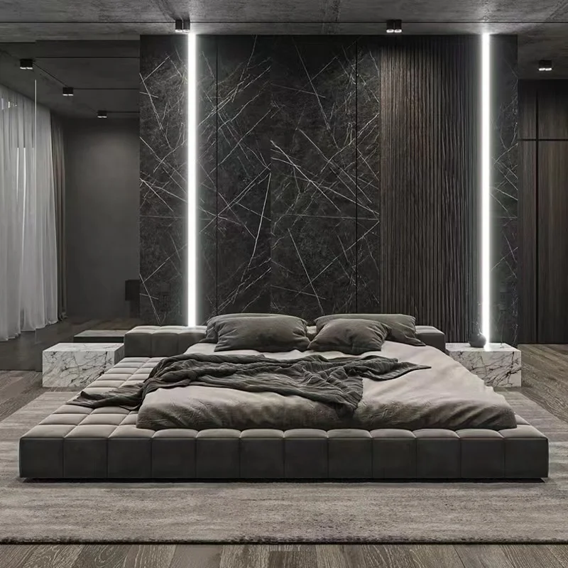 Modern Minimal Customization Bedroom Furniture Wooden Frame Fabric Low Bed Head King Size Soft Beds