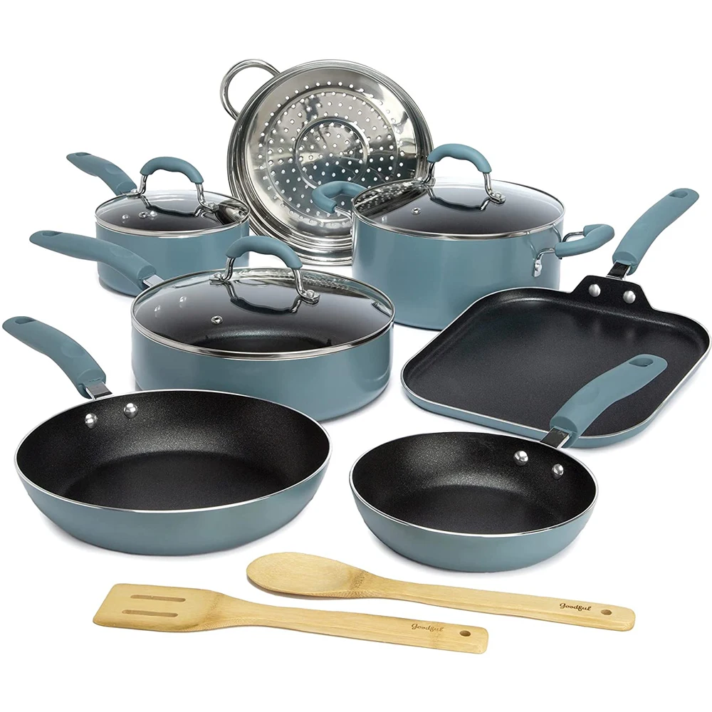 Competitive 12-Piece Set of Non-Stick Aluminum Cookware Fry Pans Pots Ceramic Coating Tempered Glass Lid Hot Sale Metal Cookware
