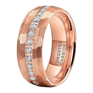 Coolstyle Jewelry 8mm CZ Stone Inlay Rose Gold Hammered Tungsten Ring for Men Women Eternity Fashion Engagement Wedding Band