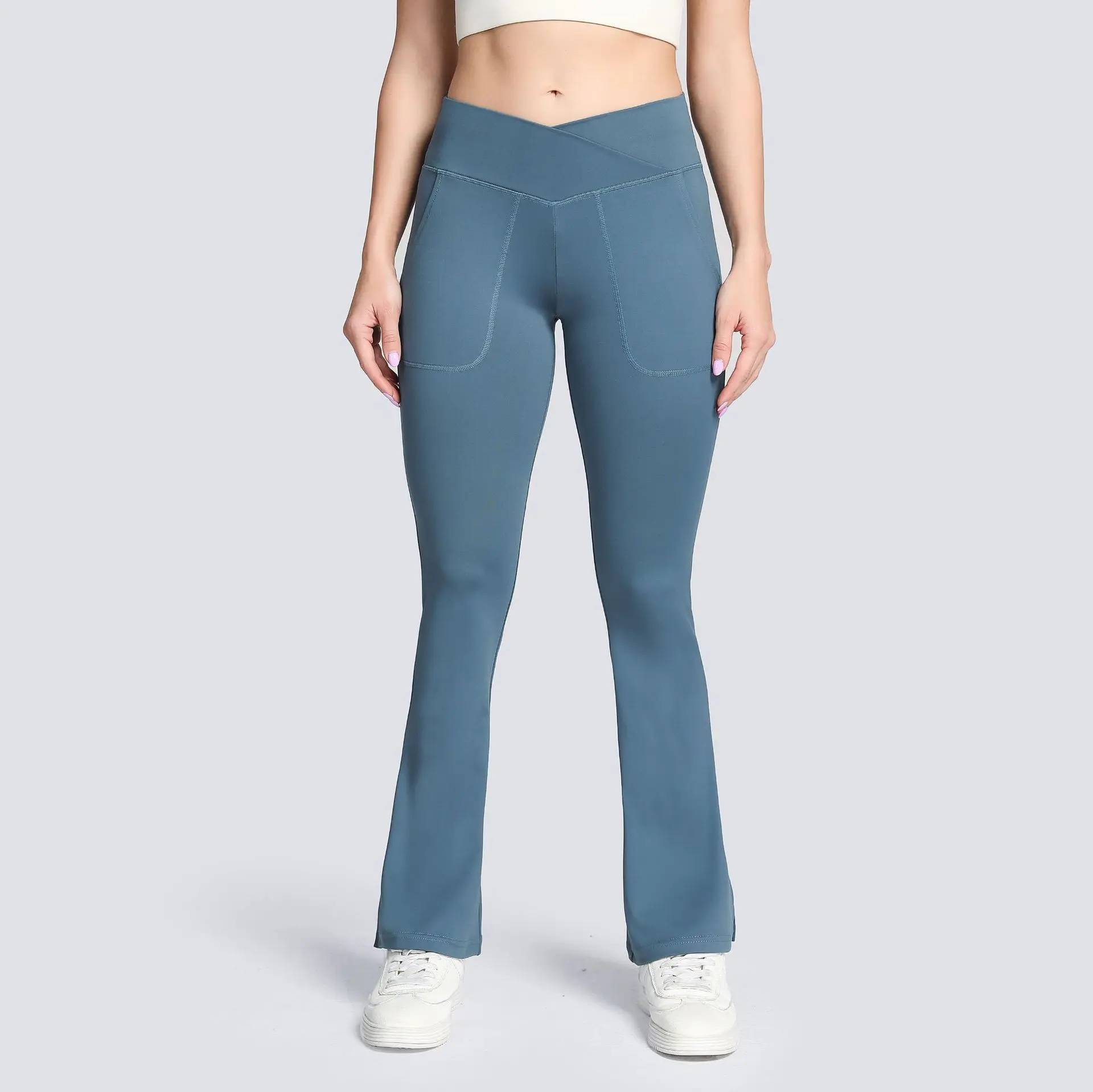 Women's High Waist Flare Yoga Leggings with Crossover Pocket and