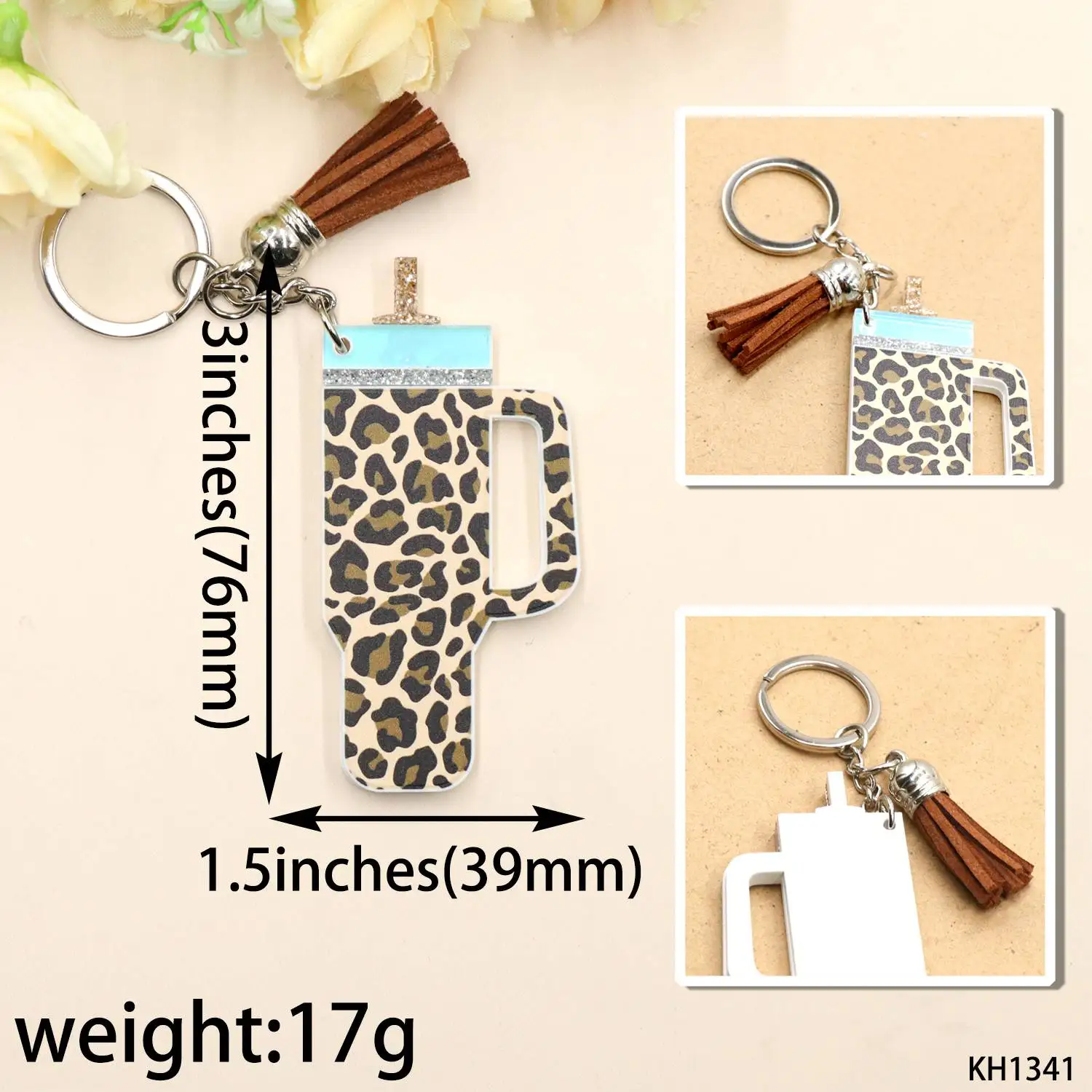 YCXKH1341 Elegant Brown Leopard Print Tassel Long Chain Keychain with UV Printing for High-End Bags and Gifts details