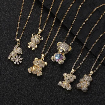 Best Seller Gold Color Stylish Copper Jewelry Love Hug Bear Pendant Micro Paved Zircon Cute Kawaii Exquisite Bear Pendant