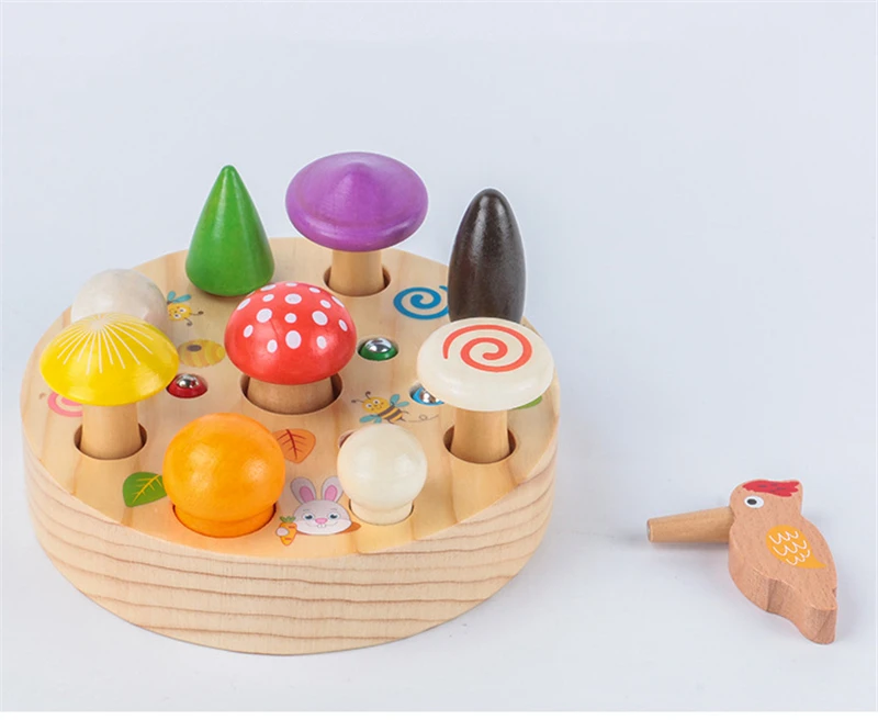Wooden Woodpecker Insect Catching Building Block Toy Montessori Magnetic Pretend Mushroom Picking Game Baby Early Education Toy