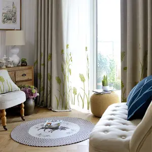 Floral Blackout Curtain with Leaf Embroidery Grommet Top Thermal Insulated Room Darkening Embroidery Window Curtain