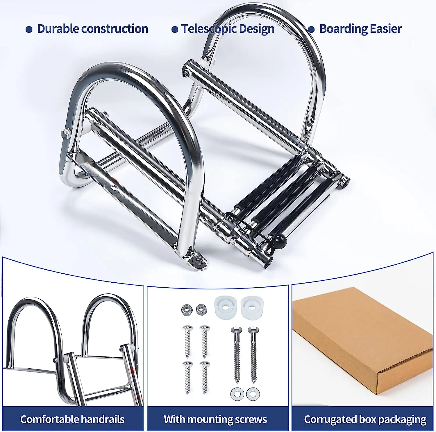 3/4 Steps Pontoon Boat Ladder,Stainless Steel Folding Telescoping Rear