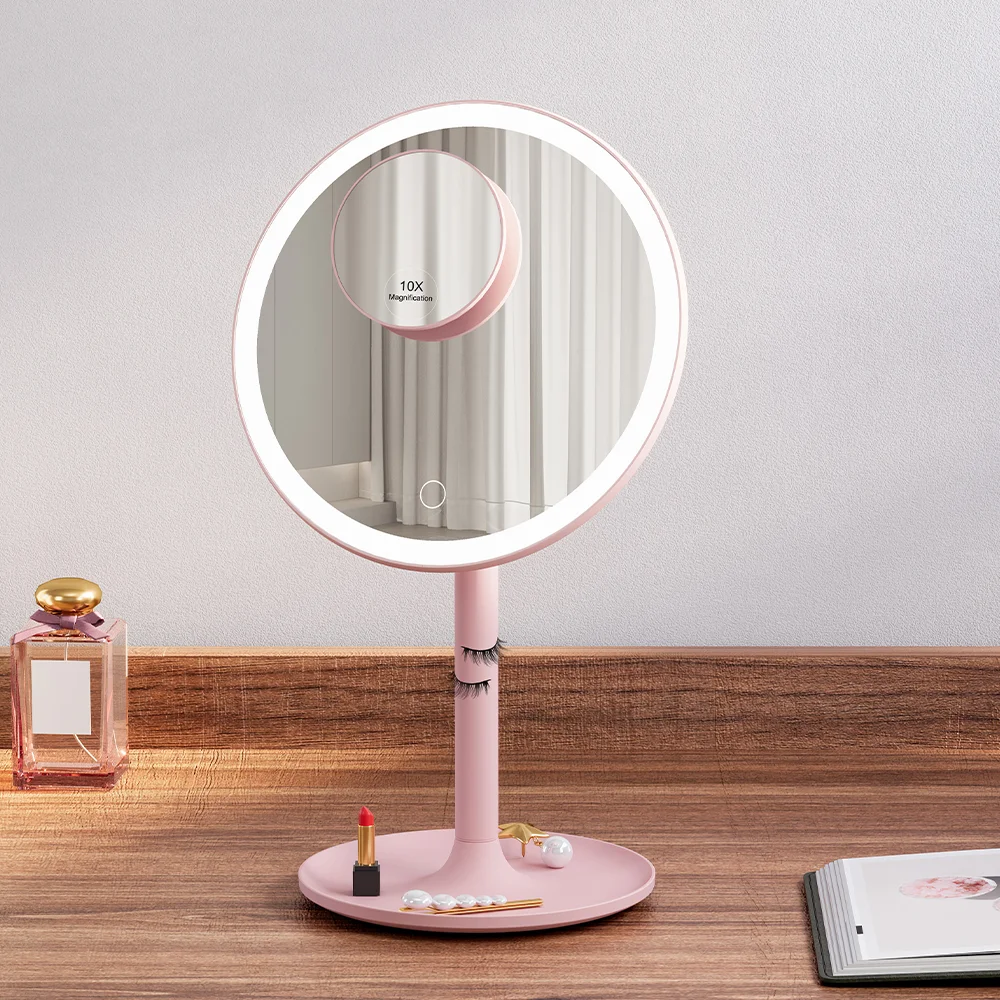 Eyelashes Can Be Magnetized to the Holder 360 Degree Rotation Pink Round Cosmetic Mirror Rechargeable Lighted Make up Mirror