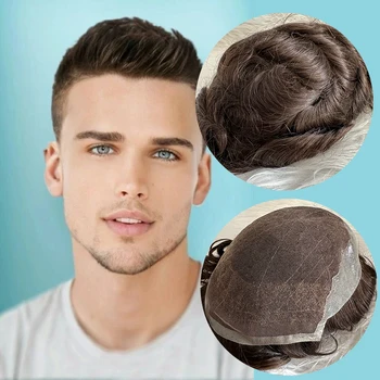 New Stock European 6*8 7*9 8*10 Inch 100% Human Hair Replacement System Man Wig Unit Q6 Swiss Lace with PU Base Toupee For Men