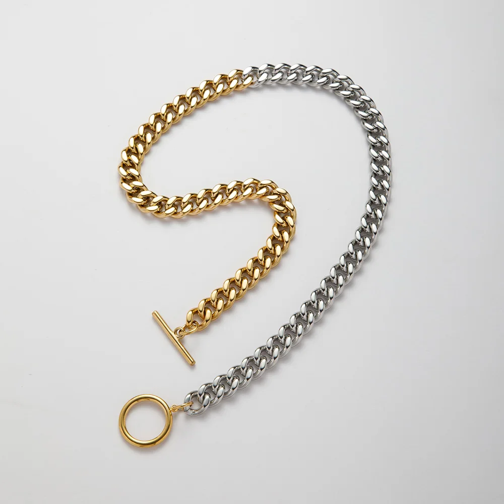 Waterproof Tarnish Free Jewelry 18K Gold Plated Stainless Steel Two Tone OT Buckle Chunky Cuban Chain Choker Necklace Yf4031