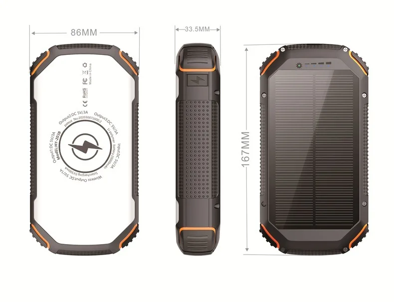 20000mah IP66 Waterproof Solar Power Bank Wireless Charging Power Bank