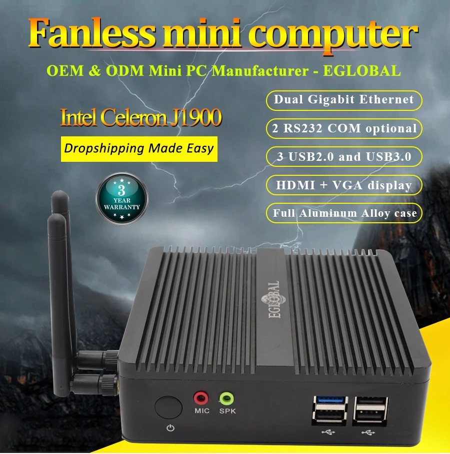 Eglobal fanless mini pc computerJ1900 mini pc with Dual RS232 Dual Lan industrial computer