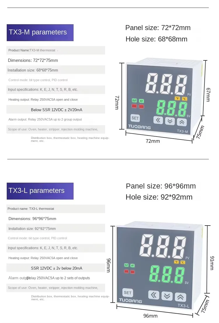 LED HD Display PID Thermostat TX3-S/M/H/L/W AB Relay/Solid State Output Two Alarm Industrial Smart Temperature OEM/ODM