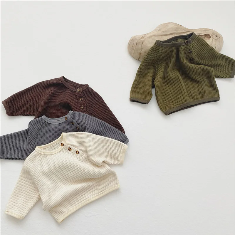 Spring and Autumn New Infant Baby Simple Waffle Loose Pullover Long Sleeve Top Sweater