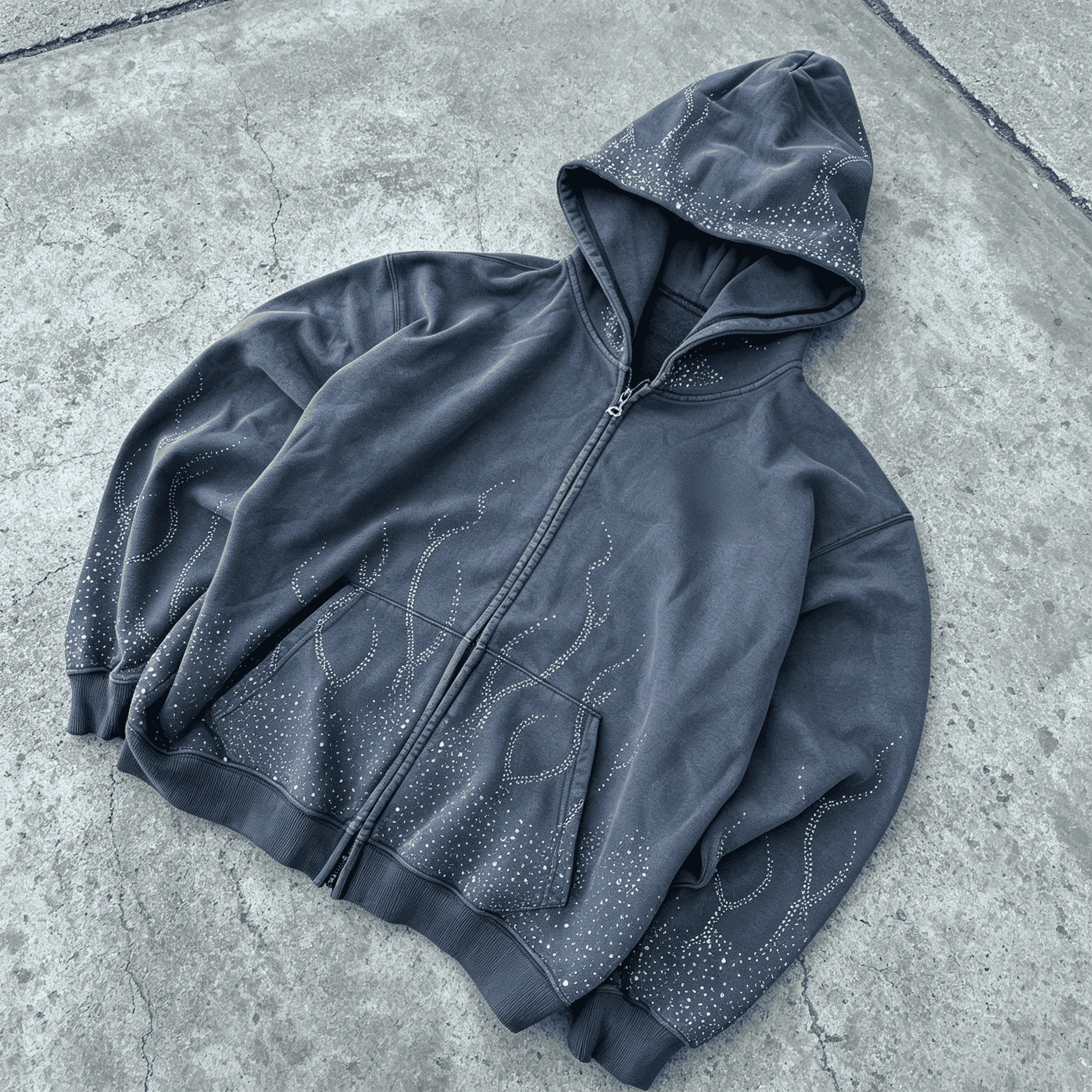 Custom Men's Distressed Vintage-Style 100% Cotton Winter Hoodie with Zipper and Rhinestones Streetwear-Style Sweatshirt gallery 3