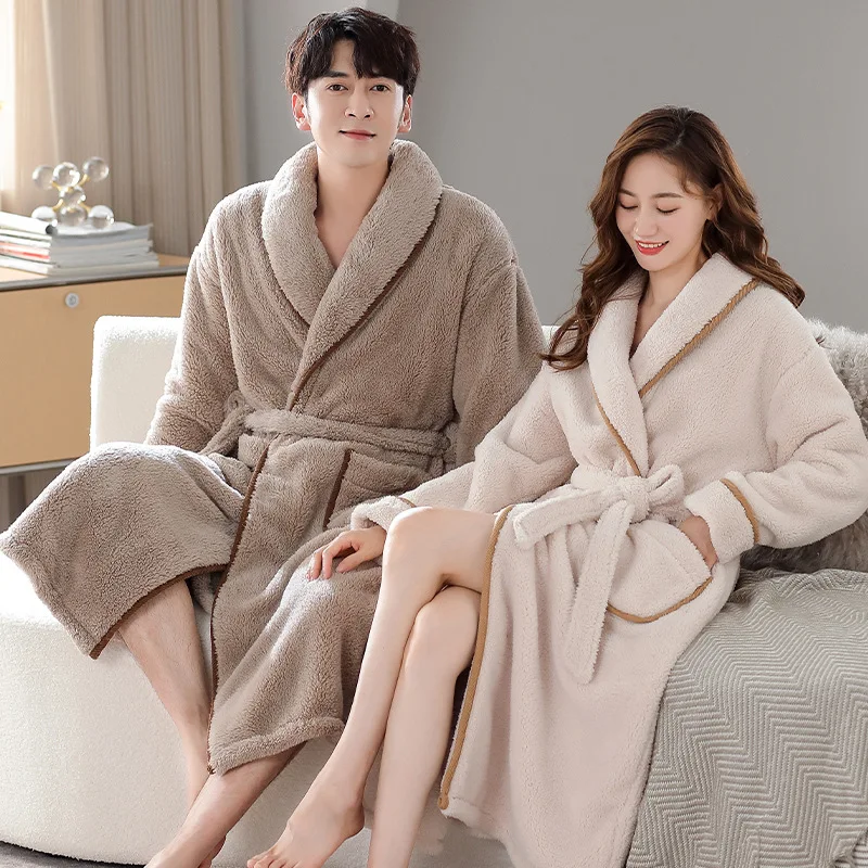 Men and Women Long Coral Fleece Bathrobe Over-the-Knee Style Flannel Lining Plus Size Winter Couples