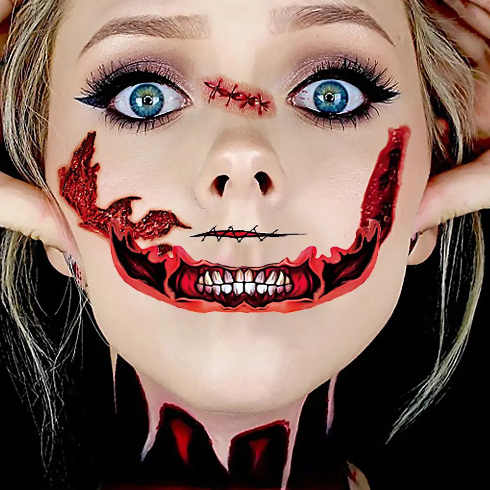 12pcs DIY Halloween Clown Scary Mouth Tattoo Transfer Stickers Waterproof Sweat-proof Good Breath-ability 3-5 Days Durability