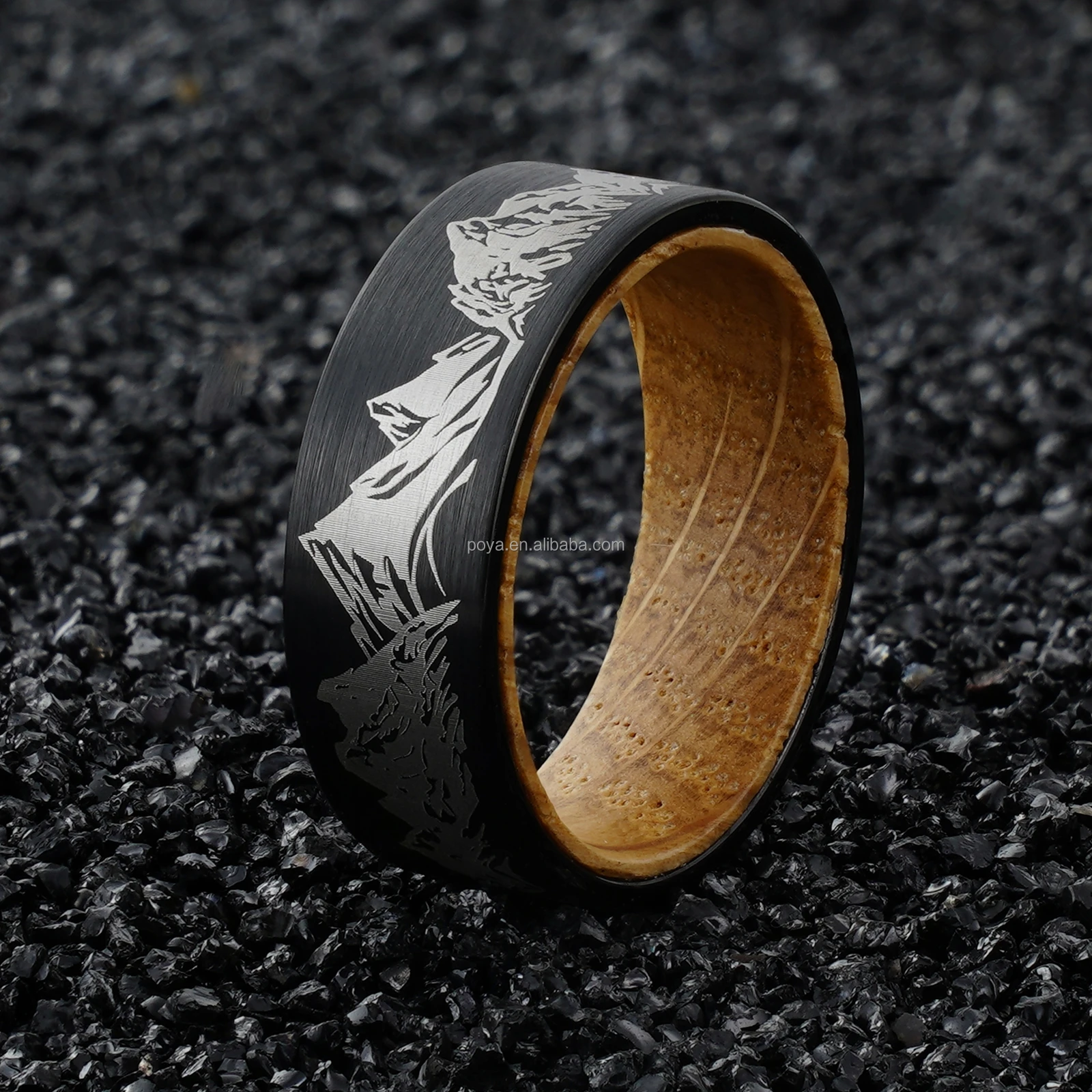POYA 8mm Black Flat Tungsten Ring with Whiskey Barrel Wood Inlay