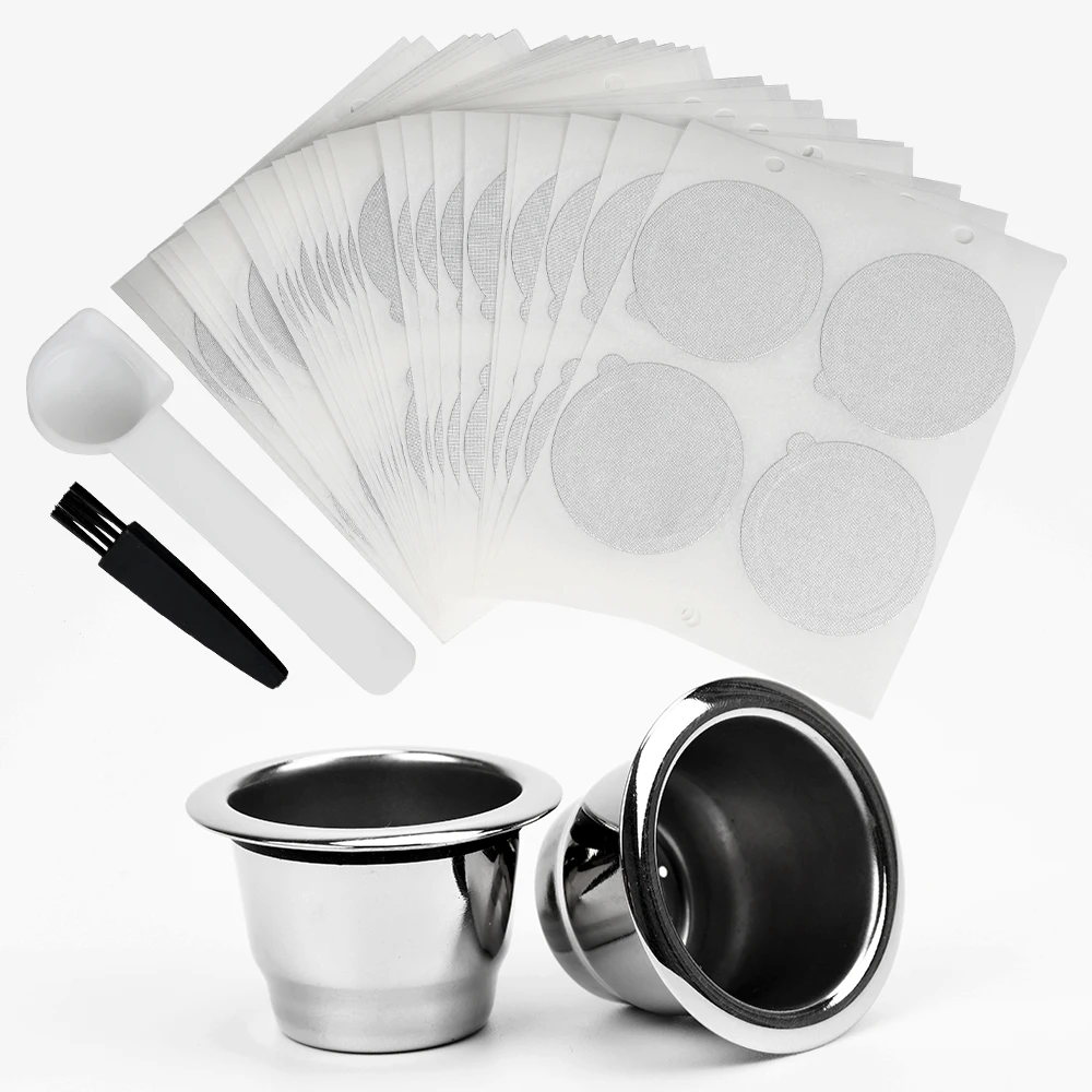2 Cups+100 Lids Refillable Coffee Capsules Cup Stainless Steel Nespresso Pods Compatible with Nespresso Machines 