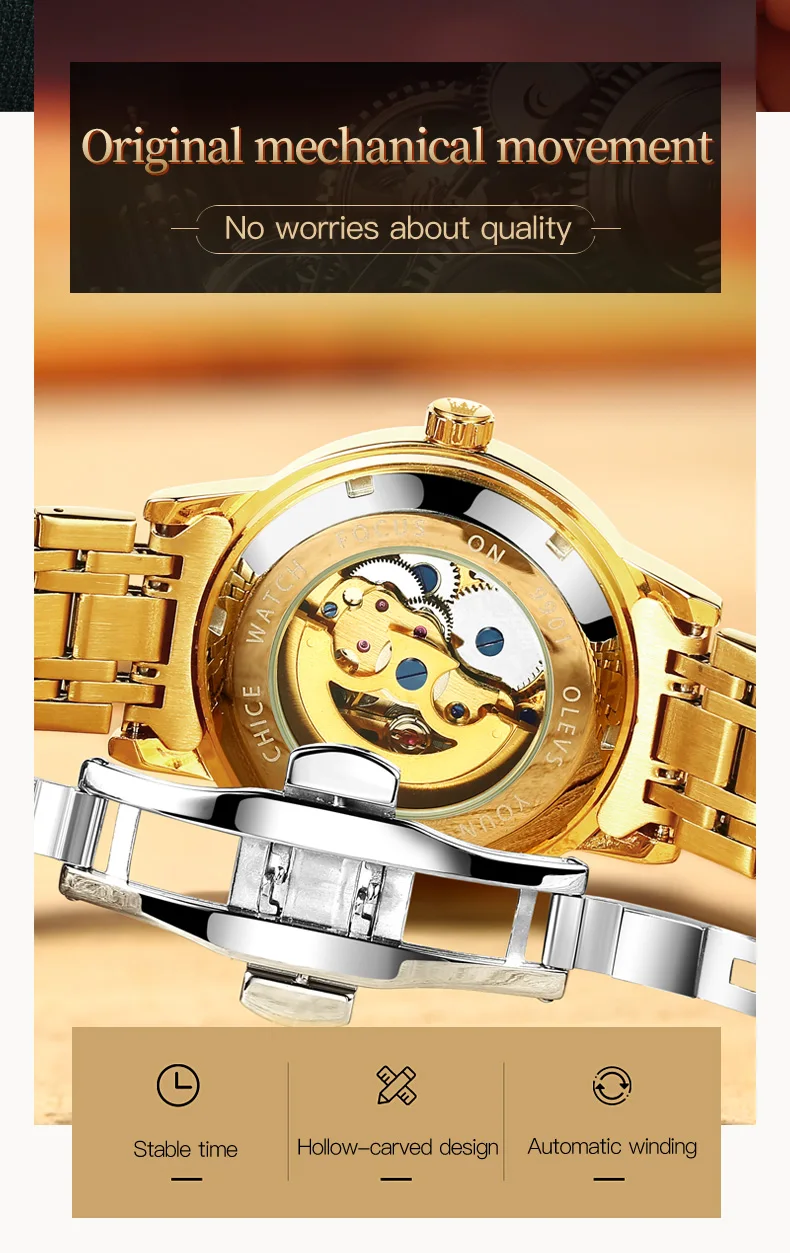 OLEVS 9901 Men's Automatic Mechanical Movement Watches Waterproof Luminous Diamond Design Luxury Brand Business Wrist Watch