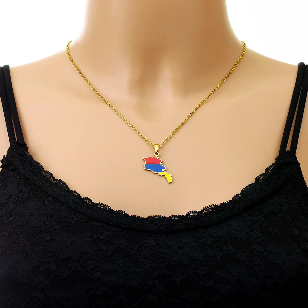 Manufacturer Stainless Steel Enamel Armenia Flag Charm Necklace 18K Gold Plated Enameled Armenian Map Pendant Chain Necklace