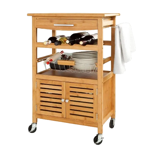 Multifunctional Natural Bamboo Serving Cart on Wheels Wood Kitchen Storage Trolley with Secure Mail Packing