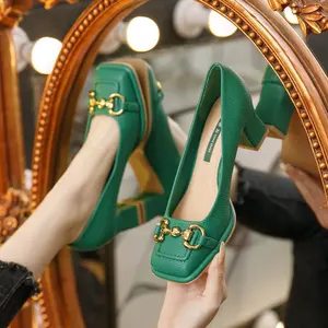 2026 Square Headed High Heels Women's Fashion Trend Cushioning Spring Horse Title Buckle French Marilyn Thick Heels Work Shoes
