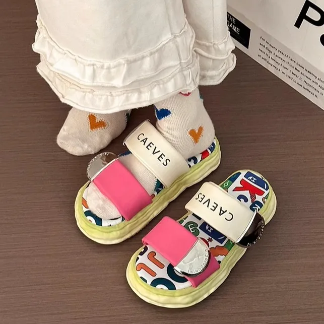 2024 Summer New Trendy Casual Thick-Soled Platform Magic Tape Sandals Cute  Fashion Graffiti One-Word Slippers for Women Open for