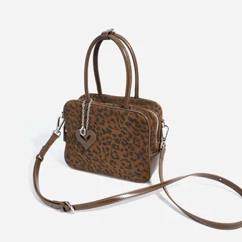Autumn and Winter New Leopard Print Leather Bag, Bowling Bag, One Shoulder Crossbody, Hand-held Small square Bag
