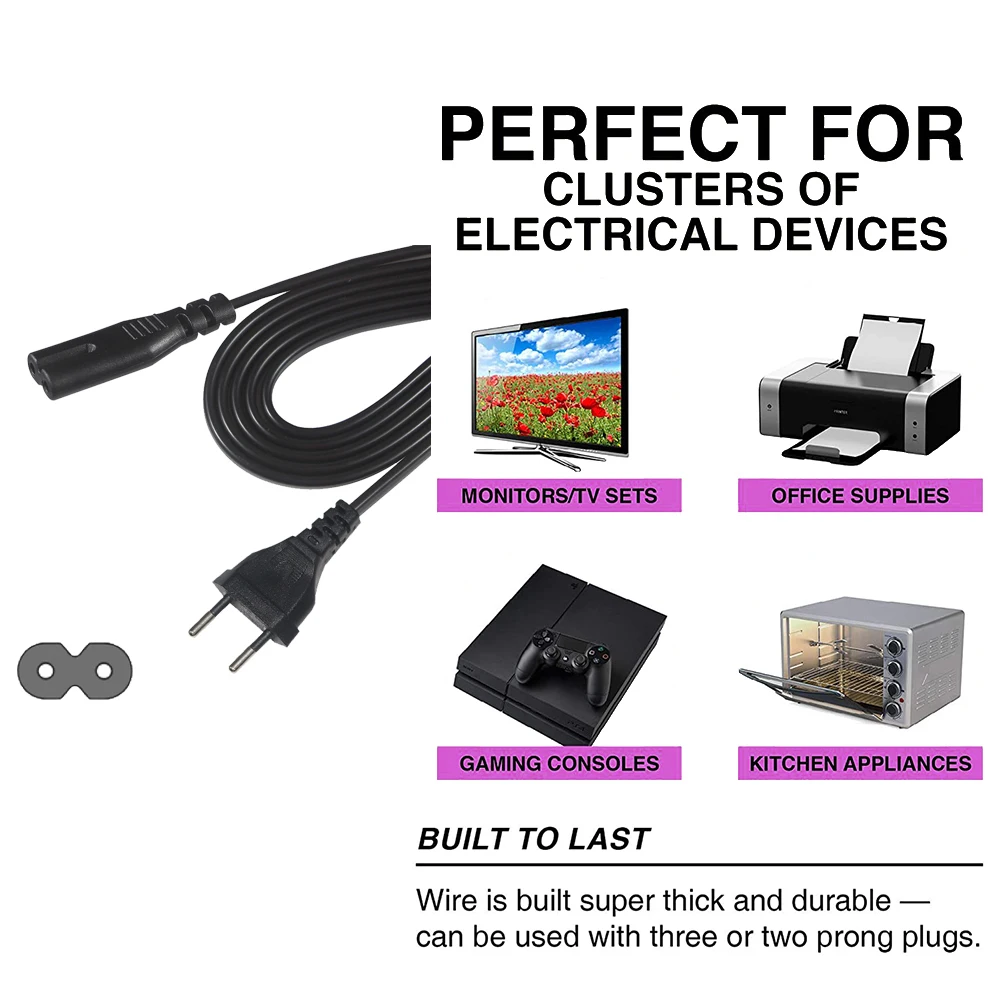 Socket Eu Figure 8 Plug Iec Kema Keur 2.5A 250V Kema-Keur Ac Cord Cable for Ps3 C7 to C8 Power Adapter