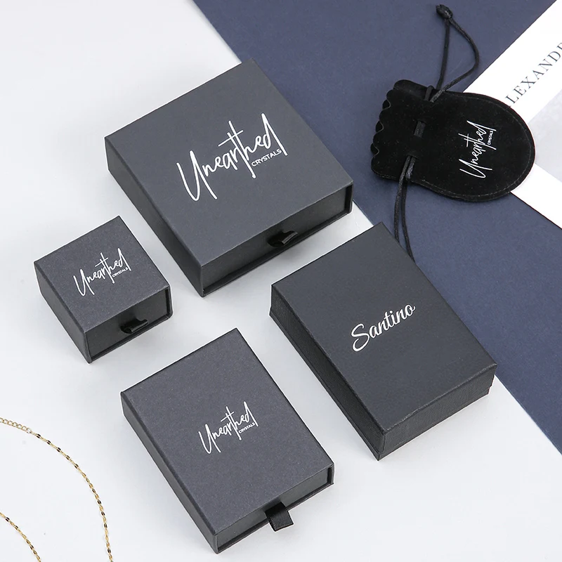 A1 Black Rectangle Customizable Recyclable Cardboard Embossed Popular Jewelry Storage Box Sliding Drawer Rings Pendants Earrings manufacture