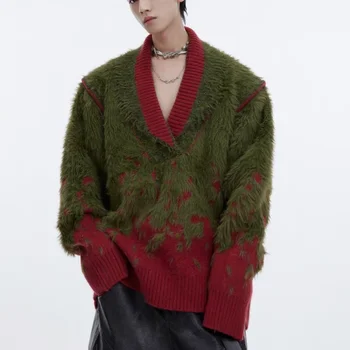 Mens Autumn Winter Gradient V Neck Knitted Loose Atmosphere Sweater Anti Mink Plush Warm Deconstructed Collar New Year Fashion
