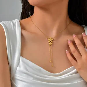 Fashion Gold-plated Stainless Steel Adjustable Pendant Necklace Long Tassel Double Flower Pendant Necklace for Women