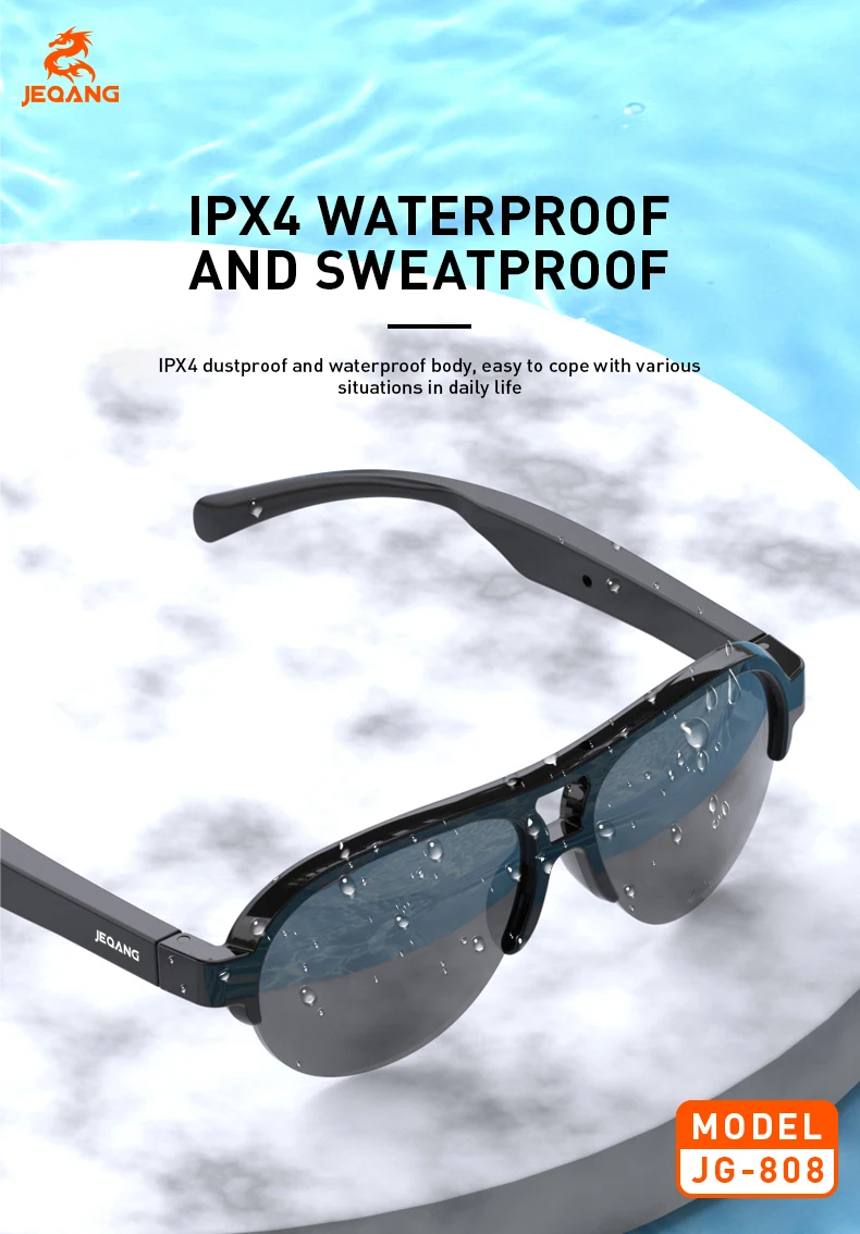 Jeqang-808 Smart Glasses New Release Intelligent Audio Harmful Light Blocking Clearer Field View IPX4 Waterproof Clearer Field