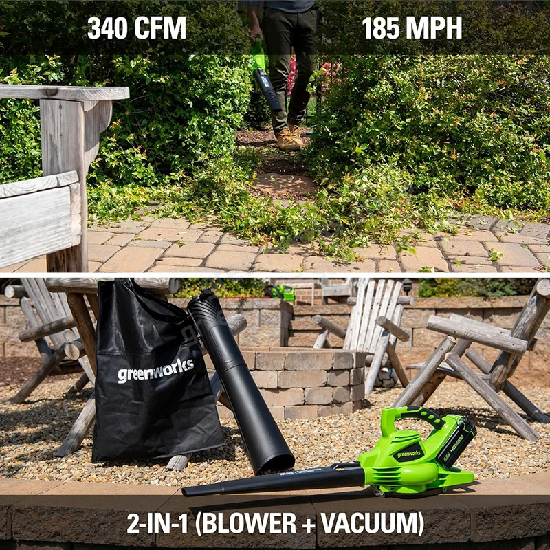 Greenworks 40V draadloze bladblazer/bladzuiger met borstelloze motor, inclusief 4.0Ah accu en oplader, 185 MPH/340 CFM / 75+ compatibele accessoires._voghion.com