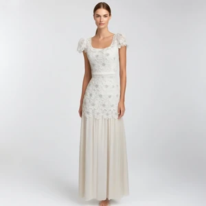 Custom Elegant White Lace Evening Gown with Short Sleeves and Chiffon Skirt