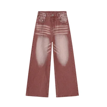 American White Straight Broad-Leg Red Washed Jeans Stonewashed High Street Utility Hip Hop Style Rivet Embroidery Washable