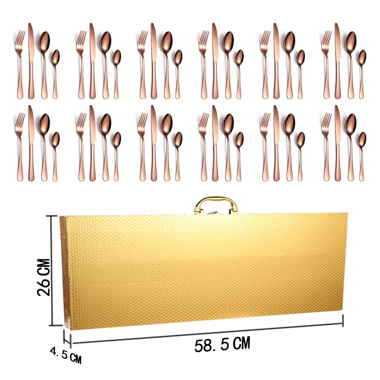 Golden Wooden Box Flatware Knife Fork Spoon 48pcs Case Stainless Steel